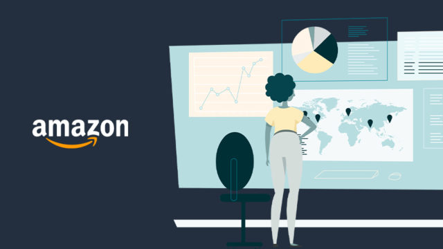 illustration of a woman standing in front of charts and graphs with the amazon logo to her left