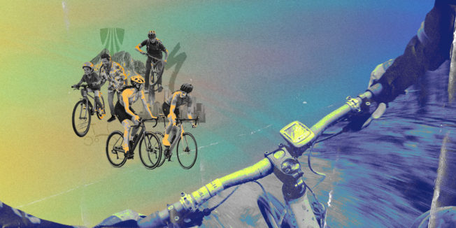 illustration from the POV of someone riding a bike with others on bikes in front