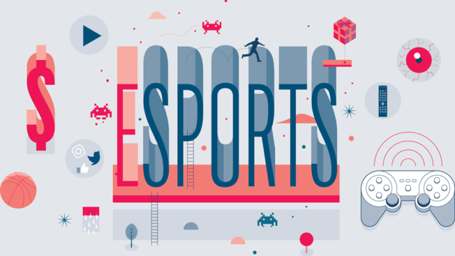 the word esports on a gray background with little symbols floating around it