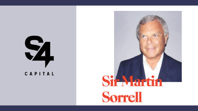 s4 capital logo on the left and a man's headshot on the right that says sir martin sorrell underneath in red