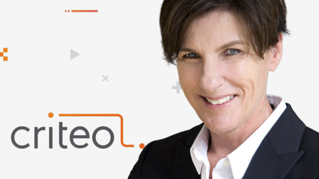 criteo logo on the left and a woman smiling on the right