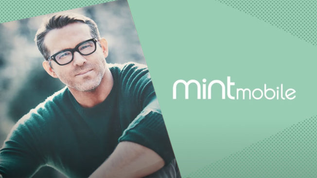 a man wearing glasses on the left and the mint mobile logo on the right