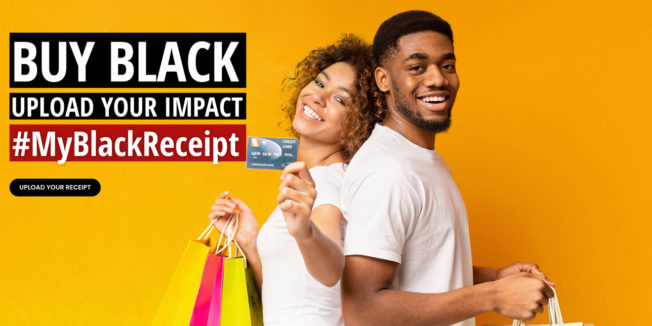 woman and man holding shopping bags and a credit card
