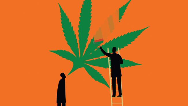 Illustration of person painting a cannabis leaf