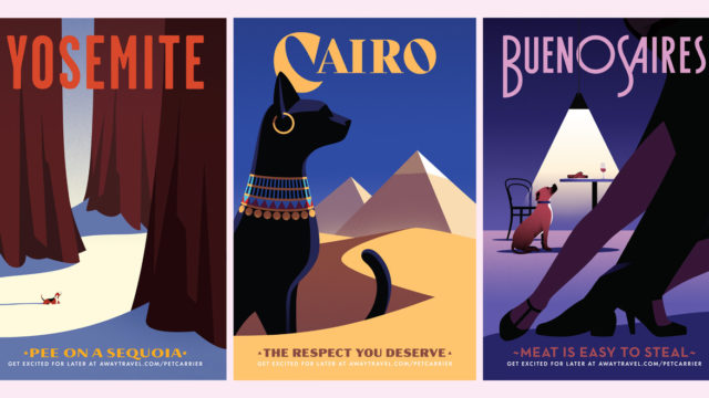 three posters for yosemite with a tree, cairo with an egyptian cat, and buenos aires with a dog trying to eat a steak