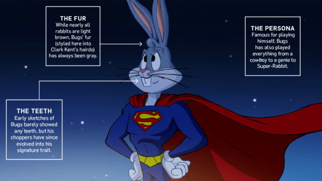 bugs bunny in a superman outfit with notes about his teeth and fur