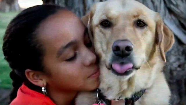 a young black girl hugging a yellow lab