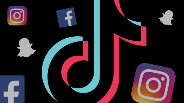 facebook, snapchat, instagram, tiktok logos floating around