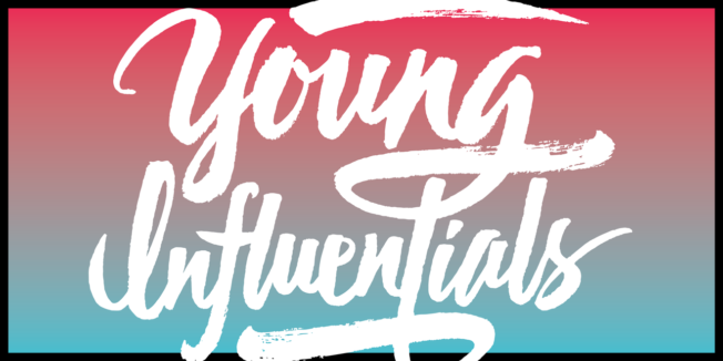 red and blue background that says young influentials in white script