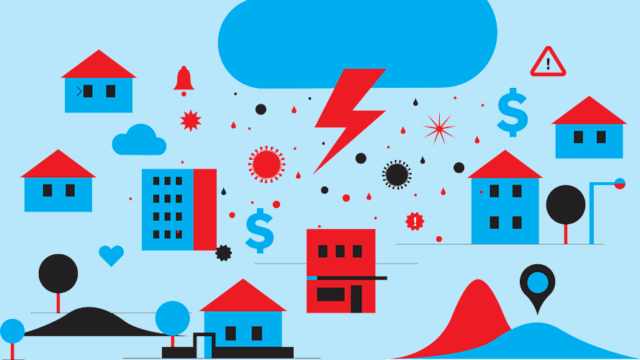 cloud with lightning bolt over houses, buildings and dollar signs
