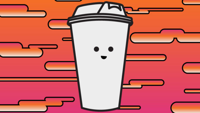 a smiling coffee cup on an orange and pink background