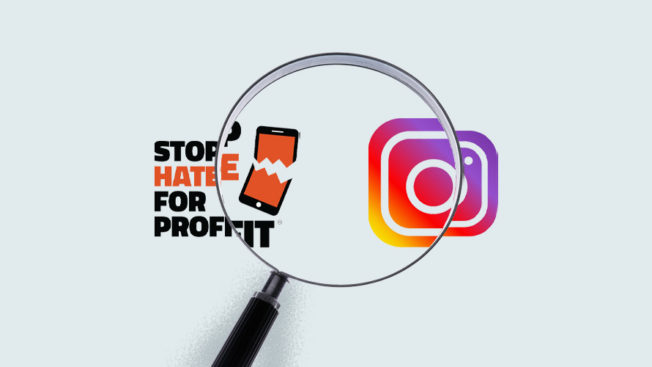 The Stop Hate for Profit and Instagram Logos under a magnifying glass
