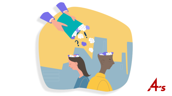 Illustration of hands on a garbage can spilling out things into people's heads