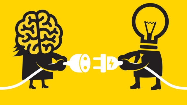 Illustration of a brain and a lightbulb each holding a plug