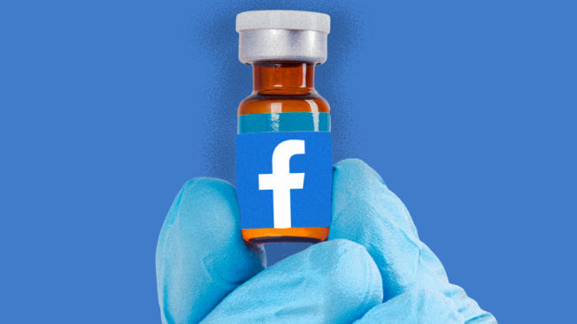 A blue glove holding a vaccine with the Facebook logo