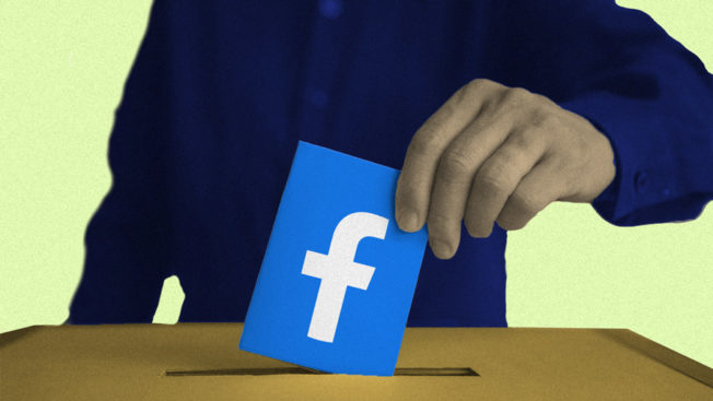 Illustration of a person putting a Facebook logo paper into a ballot box