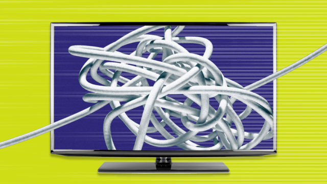 a tv screen on a yellow background with a tangle of wires on the screen