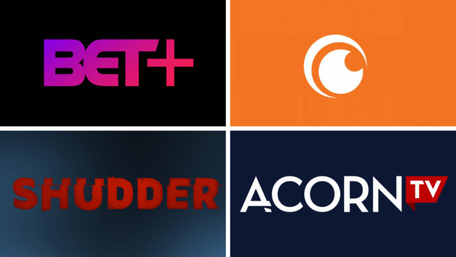 four logos: bet+, acorn TV, shudder and crunchyroll