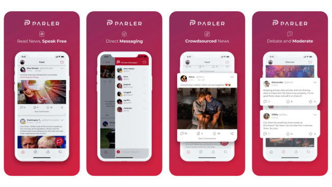 Smartphone screenshots of the Parler app