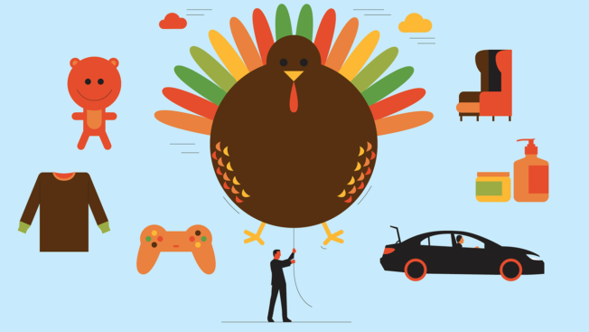 a man holding a turkey balloon surrounded by cars, video game controllers, and other icons