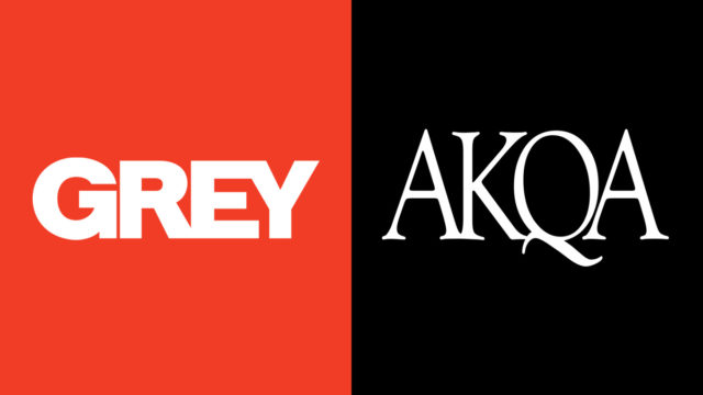 grey logo on red background on left, akqa logo on black background on right