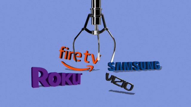 a crane machine grabbing roku, fire tv, vizio and samsung logos