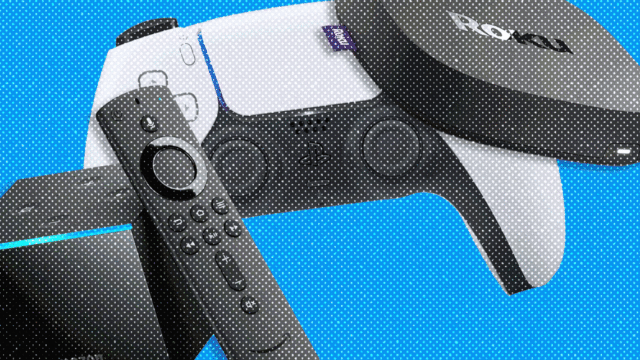 gif of a roku, playstation controller and fire tv remote and controller
