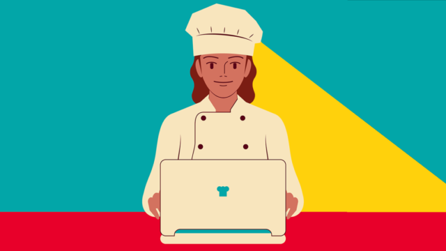an illustration of a chef standing in front of a laptop