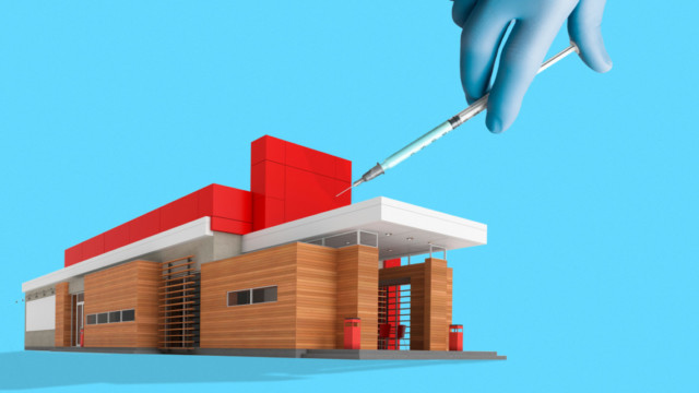 illustration of a building being given a vaccine