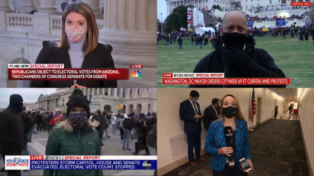 grid of four shots of reporters reporting from the capitol with masks on, some inside and some outdoors