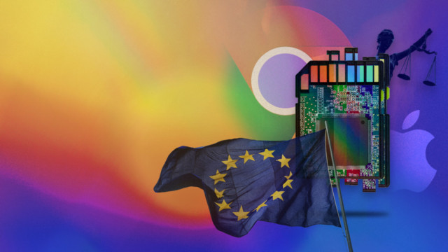 Illustration of Google Chrome, Apple, the EU flag and a computer chip