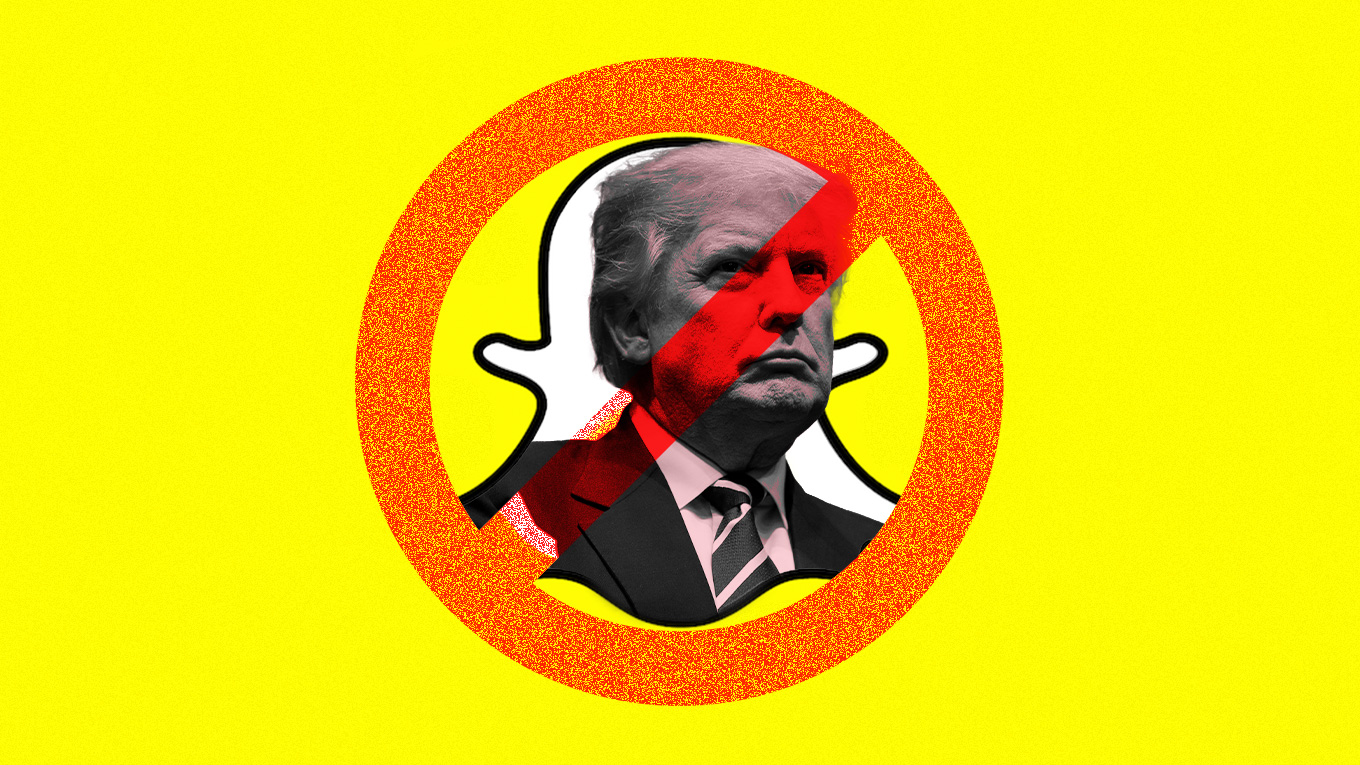 a snapchat logo with trump's face over it and a red crossout over his face