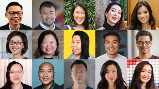 Collage of 15 Asian American leaders.