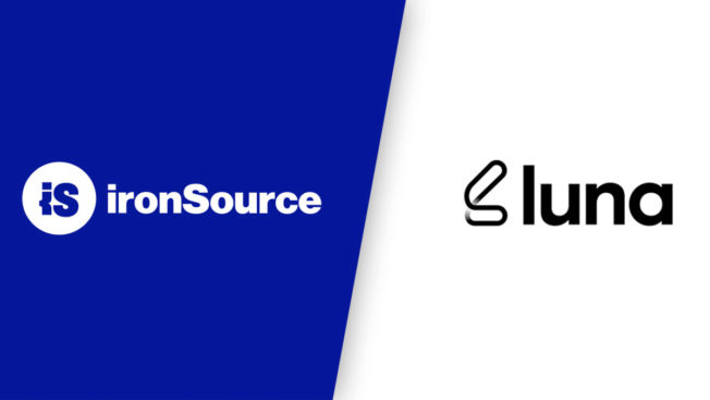 ironsource logo on blue background on left, luna labs logo on right