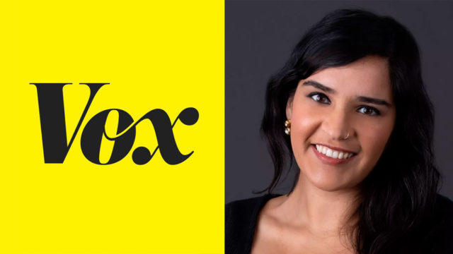 vox logo on left on yellow background and woman's headshot on the right