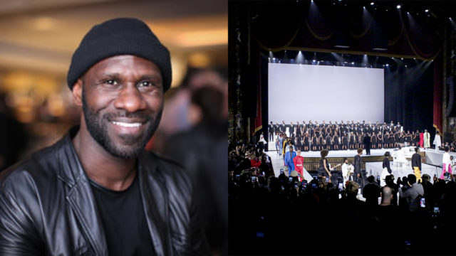 headshot of a man smiling on the left and a stage and fashion show on the right