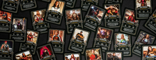 Examples of digital playing cards are shown featuring marketers dressed in fantasy garb