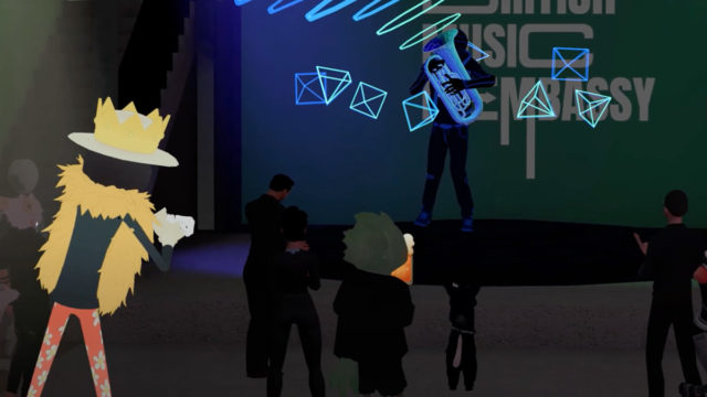 cartoon image showing a virtual festival with people playing music