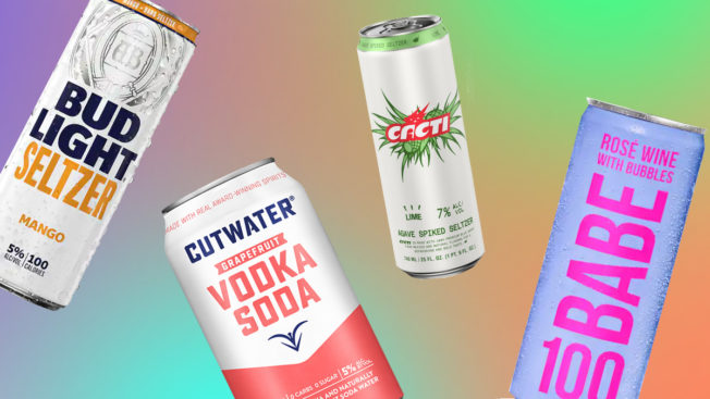 a can of budlight, vodka soda, rose wine and agave spiked seltzer