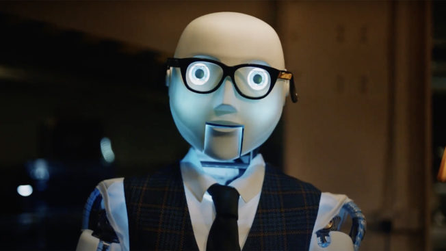 a robot wearing a suit and glasses