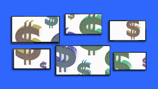 dollar signs on white rectangles on a blue background
