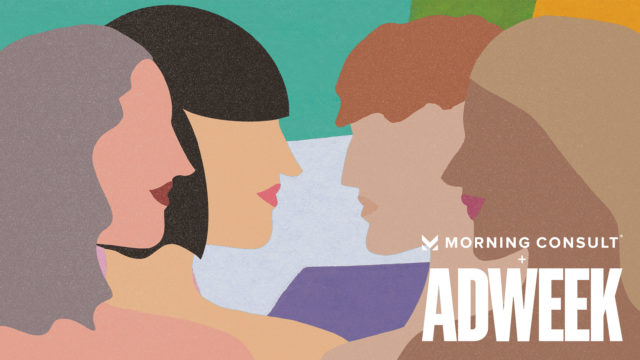 the words morning consult and adweek in white text in front of four women facing each other