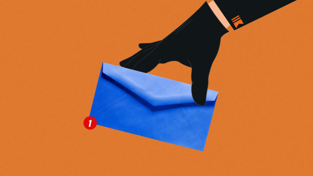 an image of a hand holding a blue envelope with a notification with the number one