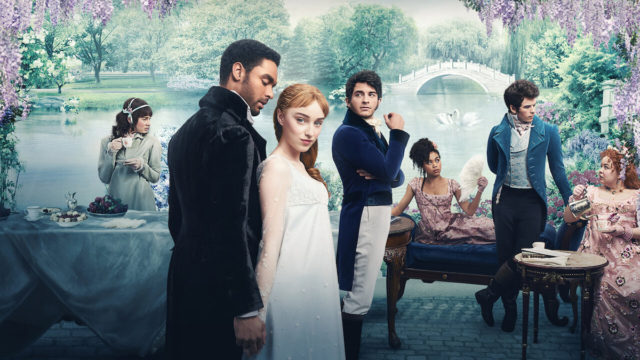 promotion photo of TV show Bridgerton showing all characters