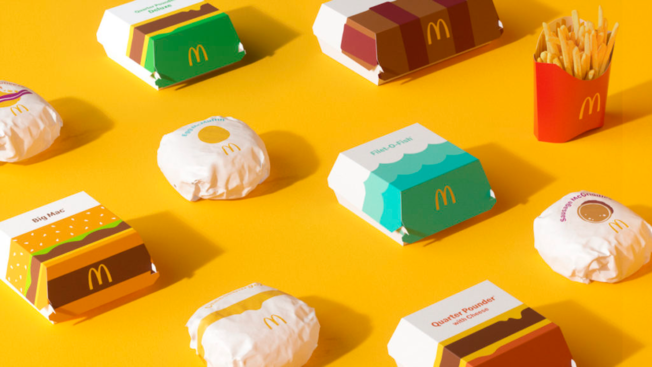 A number of McDonald's products on a yellow background