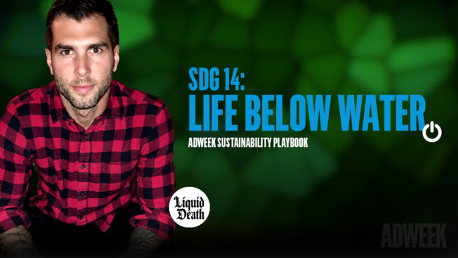 Mike Cessario headshot accompanied by text: SDG 14 LIFE BELOW WATER. Adweek Sustainability Playbook.