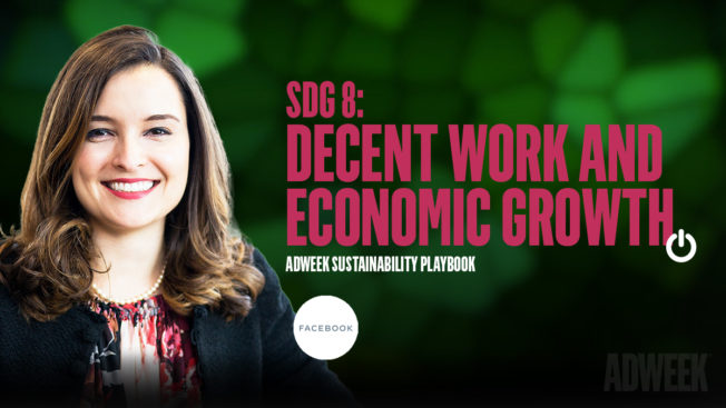 Arielle Gross Samuels headshot accompanied by text: SDG 8 DECENT WORK AND ECONOMIC GROWTH. Adweek Sustainability Playbook.
