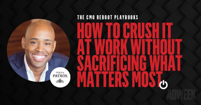 Adrian Parker headshot accompanied with text:CMO Reboot Playbook How To Crush It At Work Without Sacrificing What Matters Most