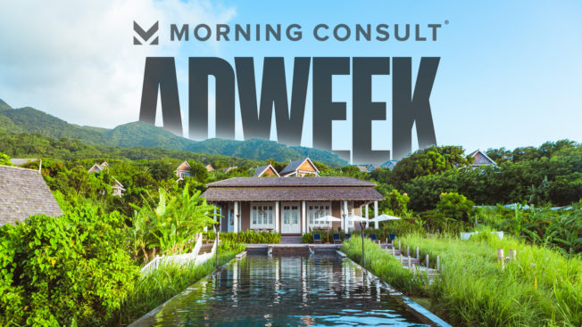 The Morning Consult and Adweek logos behind a garden, pool and home