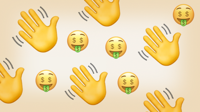 a collage of money mouth face and waving emojis
